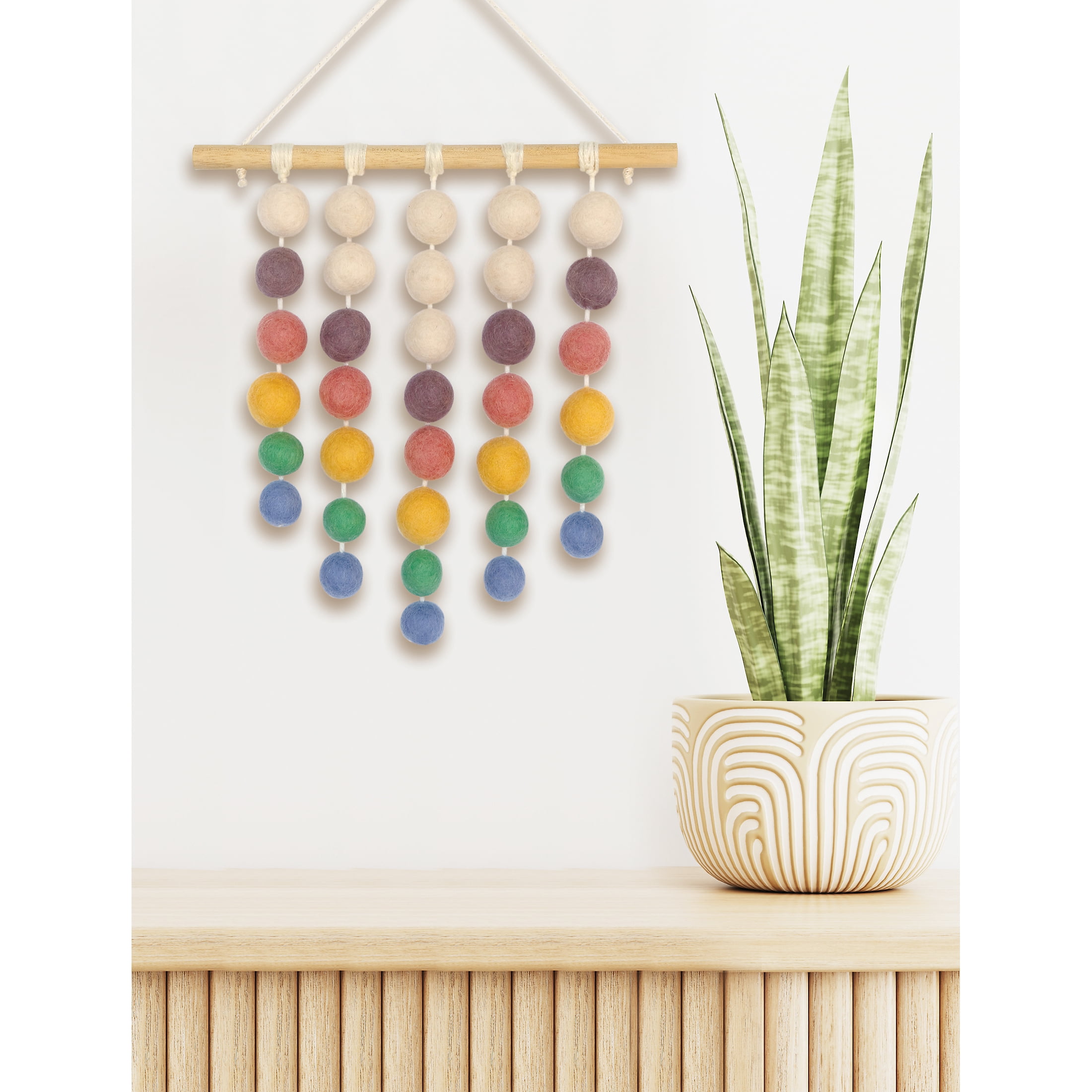 Hillfolk Felt Ball Wall Hanging Kit with 34 Wool Felt Balls, Wooden Dowel, Needle, and Instructions