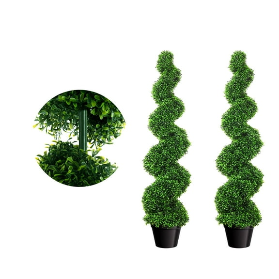Artificial Boxwood Spiral Topiary Trees, Set of 2, 3 Ft Tall Decorative Fake Plants, Faux Greenery Twisted Trees with PE Leaves, All-Year Green in Cement-Filled Plastic Pot for Indoor, Outdoor, Patio