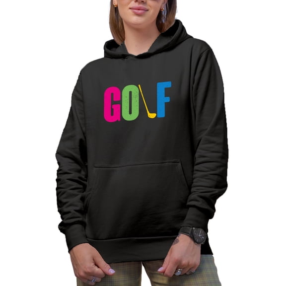 Distressed Golf Word with a Club, Golf Player, Golfing or Golfer Themed Merch Gift, Black Hooded Sweatshirt or Hoodie, Small