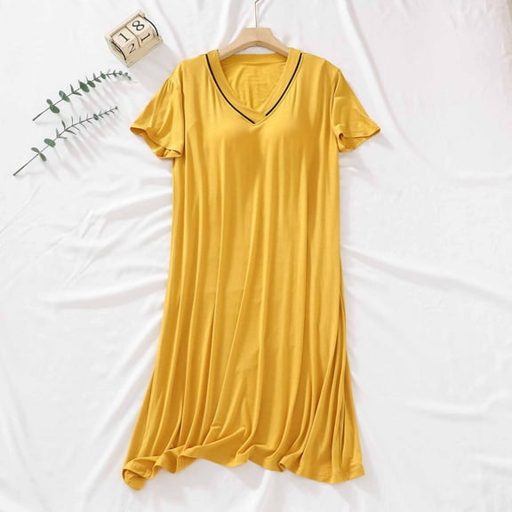 Blmnix Women's Nightgowns Mumu Nightshirt Short Sleeve Yellow V-Neck Sleep Dress