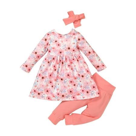 

Infant Toddler Baby Grils Cute Casual Long-sleeved Floral Prined Sweatshirt Tops +Solid Color Trousers +Bow Headband Kids Spring Autumn Three-piece Set 3-24 Months