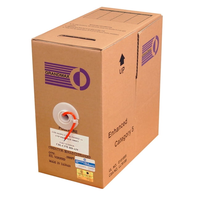 GRANDMAX CAT5e 350MHz Solid Ethernet PVC Bulk Cable, 1000ft, Wire UTP Pull Box, CMR Rated, 100% Copper, 4 Pair, 24 AWG/ 1000FT/ RED