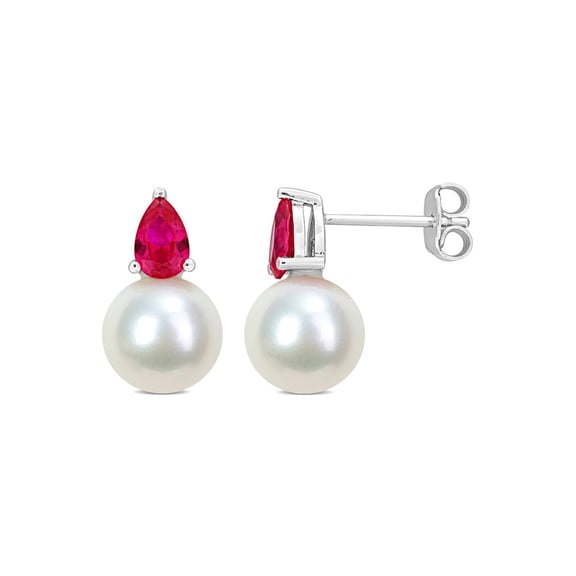 8.5-9mm Cultured Freshwater Pearl Earrings with Lab-Created Rubies Sterling Silver for Women