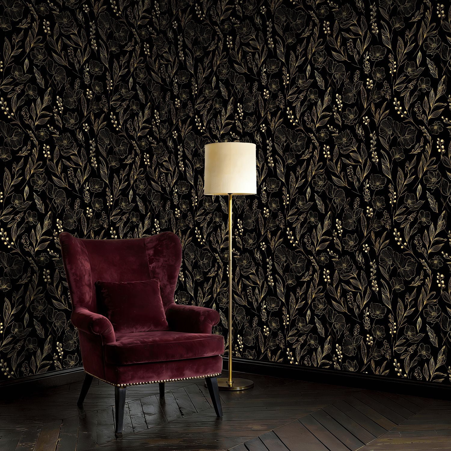 Peel and Stick Wallpaper Baroque Elegant Floral Gold Black Botanical Elements Wall Mural 23.6in x 9.8ft Self Adhesive Removable Wall Paper Renter Friendly Wallpaper for Nursery Bedroom Cabinets