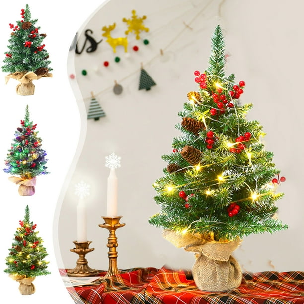 Piña de árbol de Navidad mini de 17 pulgadas con luces LED - Adorno de simulación de escritorio para decoración navideña, árbol artificial verde