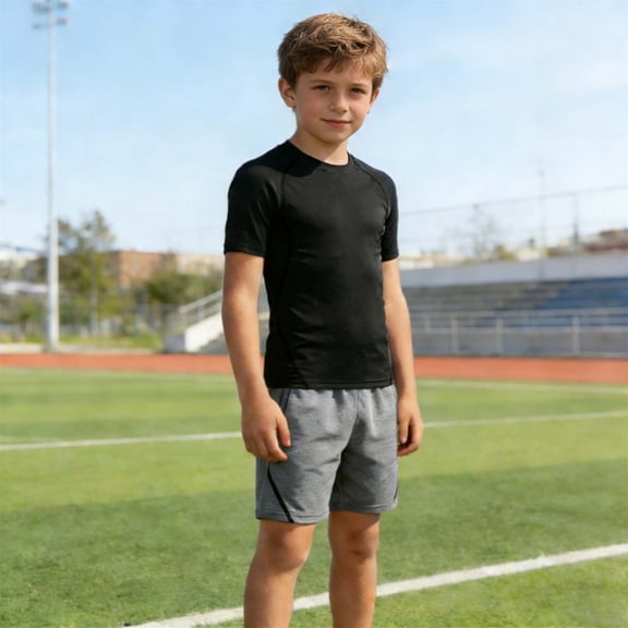 MAIHAN Boys Compression Shirt Short Sleeve Youth Football Basketball Undershirt Kids Athletic Quick Dry Base Layer T-Shirt(Black,9_11 Years)
