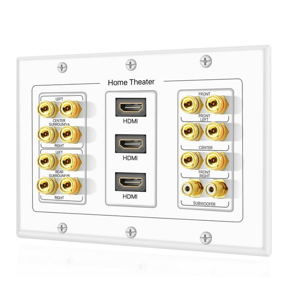 Home Theater Wall Plate - 3-Gang 7.2 Surround Sound Distribution w/ Premium Gold Plated Copper Banana Binding Post Coupler for 7 Speakers, 2 RCA Jack for Subwoofer, 3 HDMI Port for UHD 4K HD 1080P