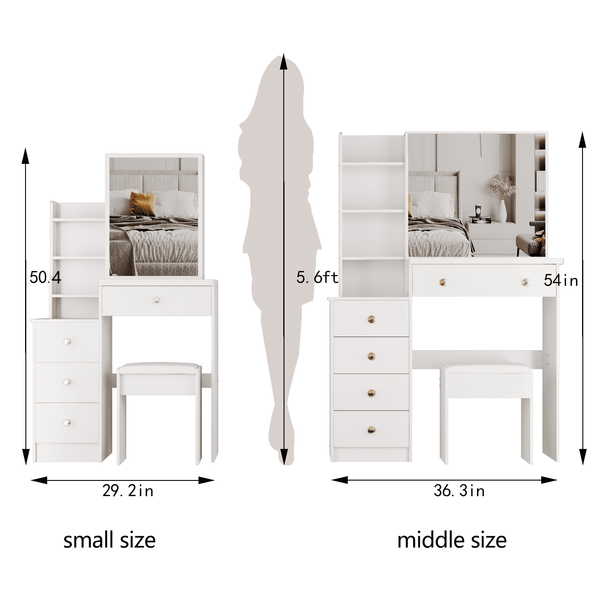 Kadyn 29.2" Bedroom Vanity Desk, Makeup Vanity Table with Cushioned Stoo, Modern Dressing Table with Extra Large Right Sliding Mirror, White
