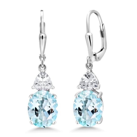 Gem Stone King 925 Sterling Silver Sky Blue Topaz Dangle Earrings for Women | 6.00 Cttw | Gemstone November Birthstone | Oval 10X8MM | Trillion 5MM