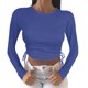 thumbnail image 1 of Gibobby Camisa&nbsp;Vaquera Camiseta umbilical corta de manga larga con cuello redondo y cordón Camiseta de mujer de color sólido a la moda（Azul， XL), 1 of 4