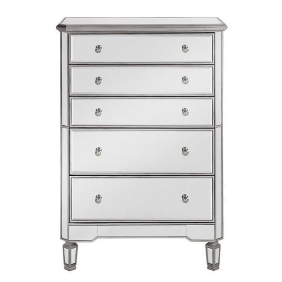 Pemberly Row Contemporary Wood 5-Drawer Mirrored Chest in Silver