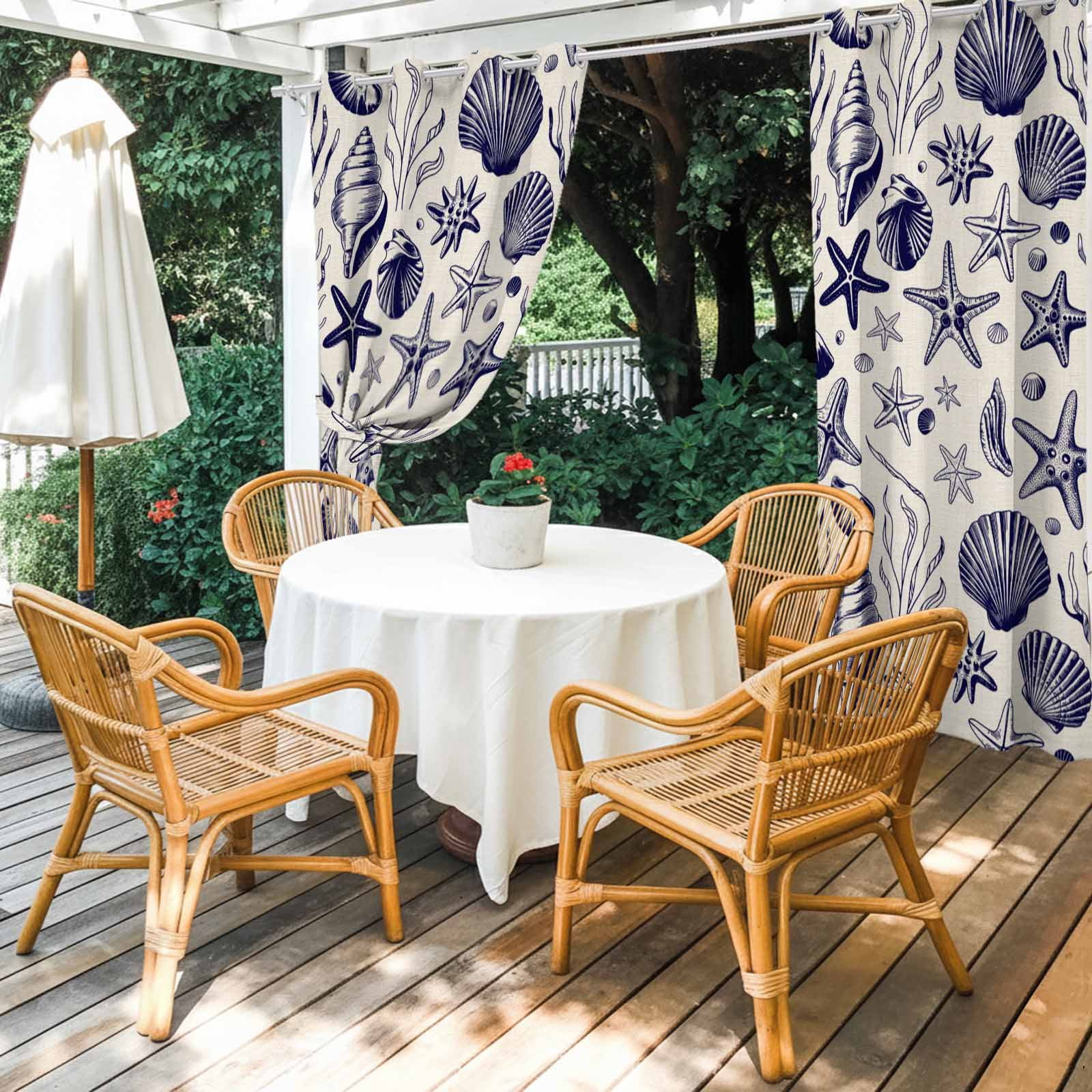 Summer Marine Life Outdoor Curtains for Patio, Black Line Ocean Shell Starfish Sea Conch Seaweed Sunshade Privacy Drapes Grommet Waterproof Outside Curtains for Porch Balcony 54"x 108", 1 Panel