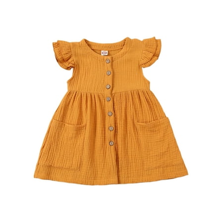 

Pudcoco Baby Girls Summer Fly Sleeve Dress Solid Color Round Collar Single-breasted Dresses