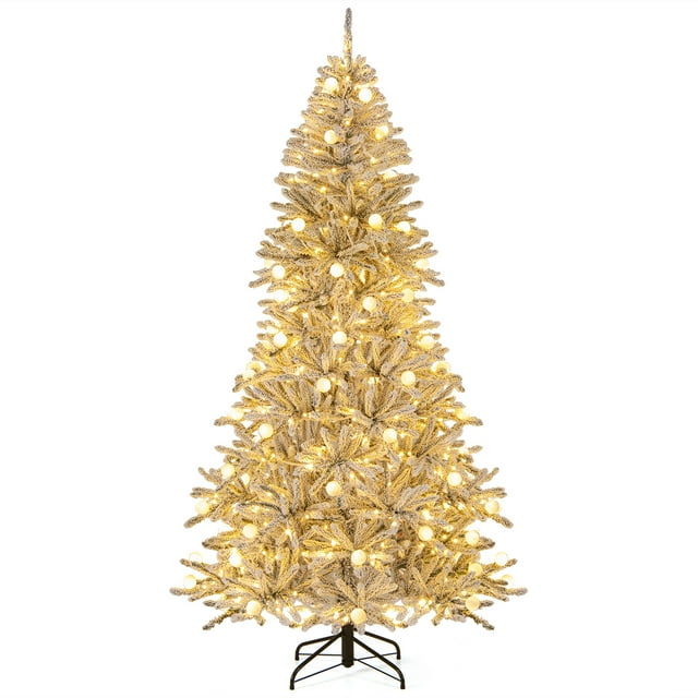 Gymax 7 FT Snow-flocked Artificial Christmas Tree w/65 Sphere Lights 350 LED Lights