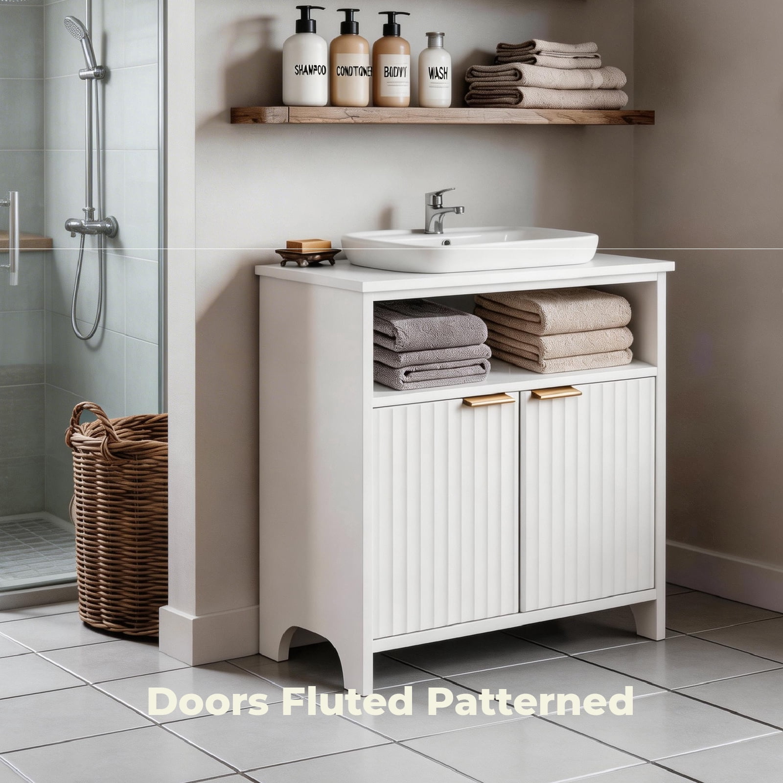 White Melamine Particleboard Bathroom Wall Cabinet 60×30×60cm Grille 2 Door Storage Vanity Cabinet with Inner Shelf