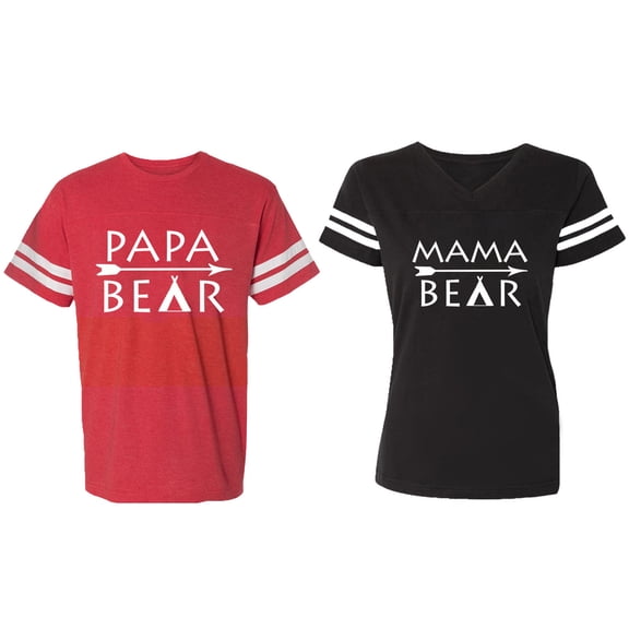 Papa Mama Bear Matching Couple Cotton Jerseys (Men Red / Women Black) (Men S / Women S)