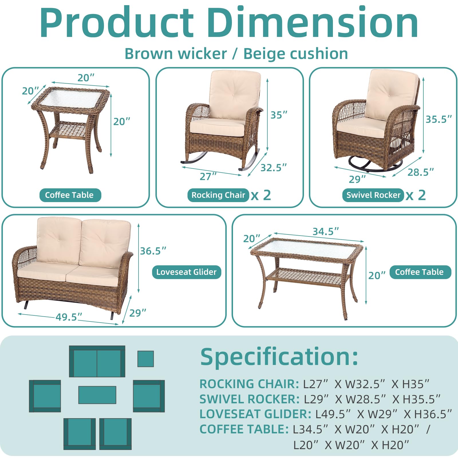 MEETWARM 7 Pieces Outdoor Patio Rattan Furniture Sets, All Weather Patio Wicker Conversation Set- 2 Rocking Chairs, 2 Swivel Chairs, 1 Loveseat Glider with Cushions, 2 Glass-Top Coffee Table, Beige