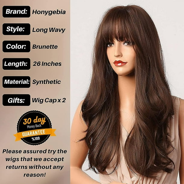 Dark Brown Wig With Bangs Long Wavy Brunette Wigs For Women