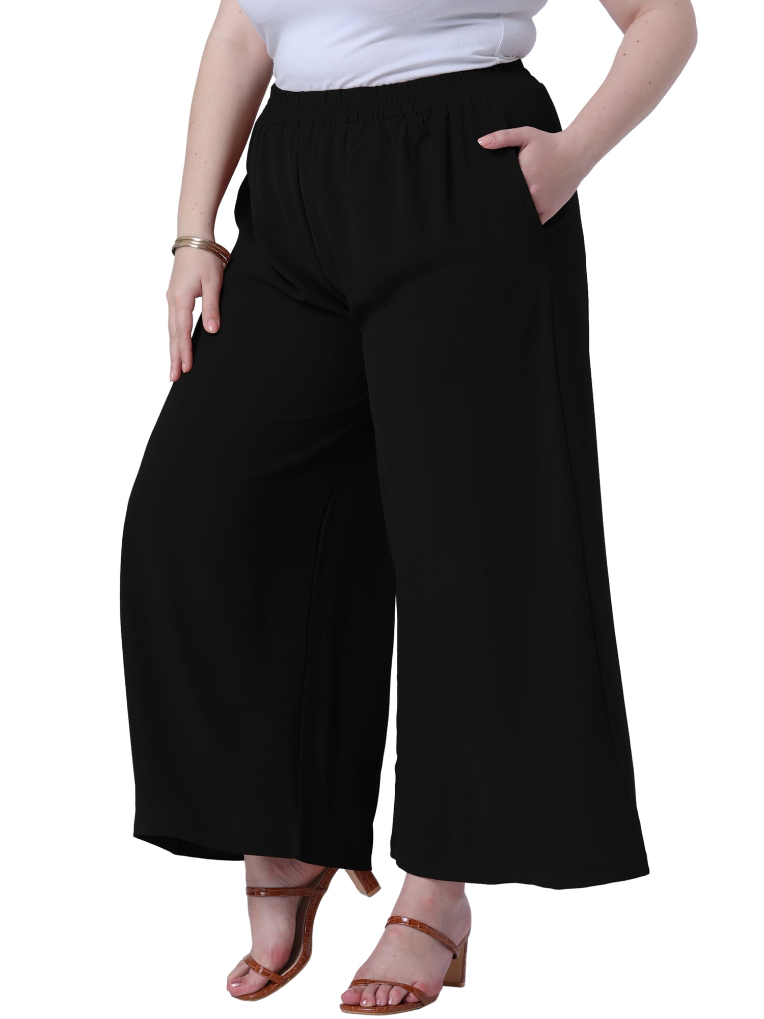 DARING DIVA Women's Plus Palazzo Pants Wide Leg with Pockets Summer Pants 2X Black