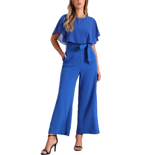 INSPIRAR CHIC Mono con Mangas Voladas para Mujer, Casual Elegante, Cintura Ajustable, Pantalones de Pierna Ancha, Conjuntos de Una Pieza, Azul Real