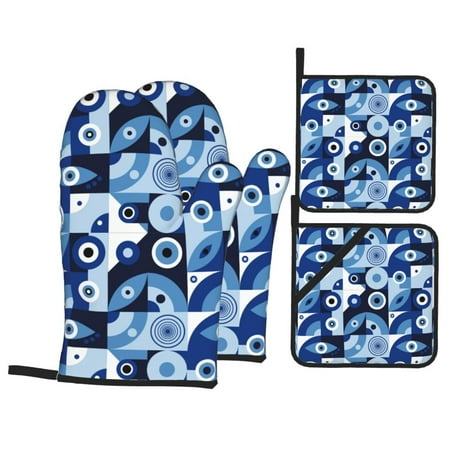 

Oven Mitts and Pot Holders 4 pcs Set evil eye A Heat Resistant Pot Holders Oven Mitts for kitchen Non-Slip Hanging Loop Oven Glove Potholders for Baking Cooking