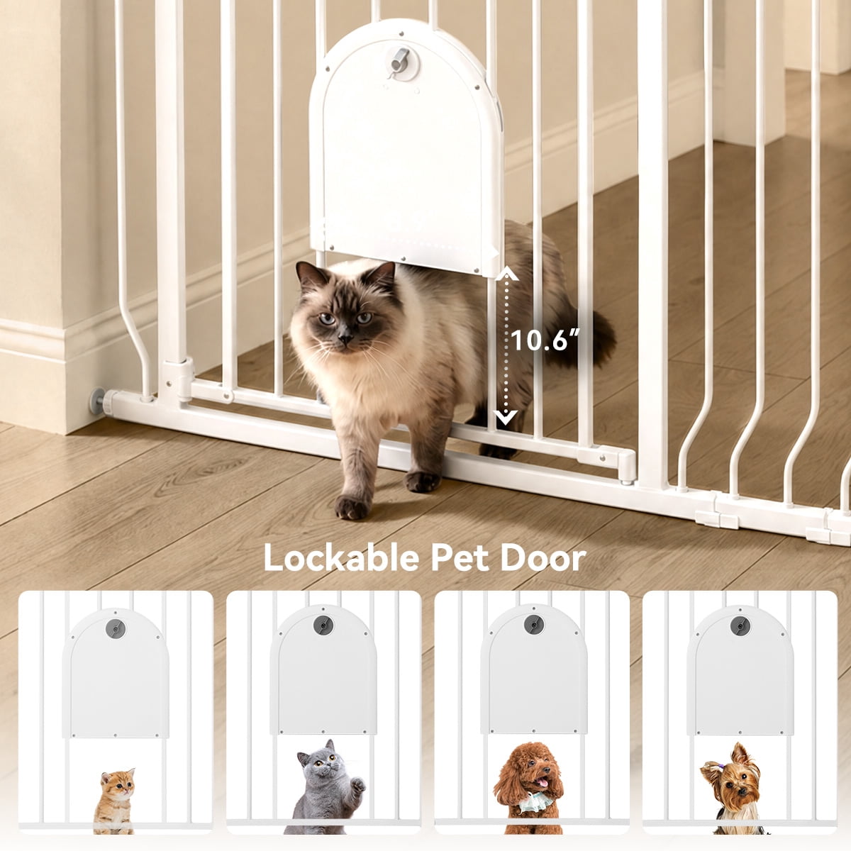 Pet Gate, 29.5''-43.7'' Dog Gates with Cat Door for Stairs & Doorways, Gate for Ages 6 to 36 Months, White
