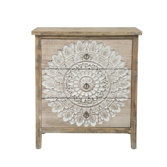 LuxenHome 3-Drawer 28.2" H x 25.2" W Natural Wood White Floral Accent Chest