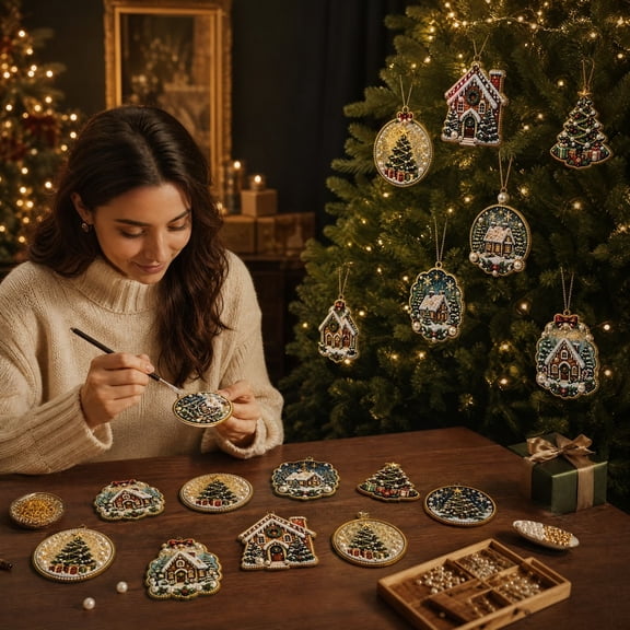 12 Pc DIY Diamond Painting Wood Ornament Kit, Christmas Tree Hanging Pendants with Rhinestones, Holiday Craft Gift for Home Decor Xmas Party