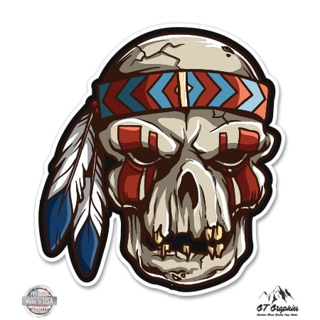 Native American Skull and Headdress - 3" Vinyl Sticker - For Car Laptop I-Pad Phone Helmet Hard Hat - Waterproof Decal