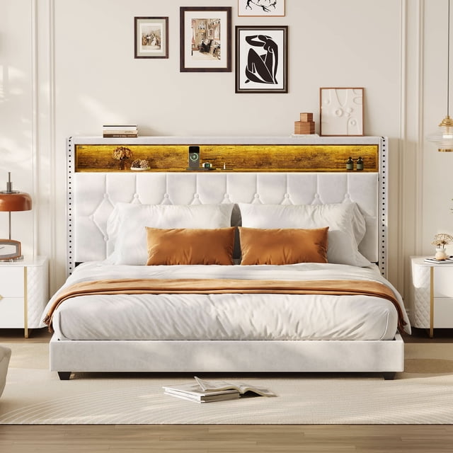 Bingirl Elegant Queen Bed Frame: Button Tufted Headboard, Built-in Charging & Bookcase, Noise-Free Stable Platform, No Box Spring Required