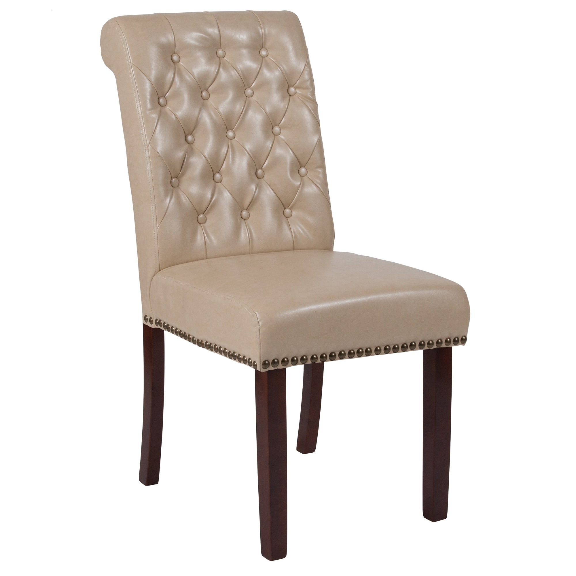 39.75" Beige Leather Parsons Chair with Rolled Back ...