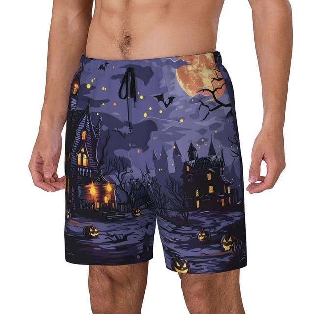Fotbe Mystery House Halloween Night Traje de Baño para Hombre – Shorts de Natación de Secado Rápido con Forro y Bolsillos-Large