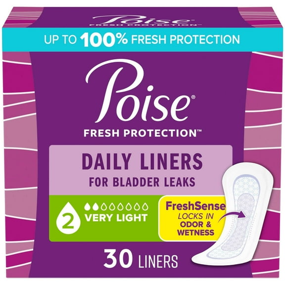 (2 Pack) Poise Daily  Incontinence Panty Liners, 2 Drop Very Light Absorbency, Regular, 30 Count