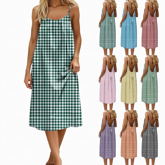 vigerkar Cami Lounge Dress for Women Backless Sleeveless Casual Flowy Dress Gingham Print House Summer 2026 Maxi Dresses (Green, M)