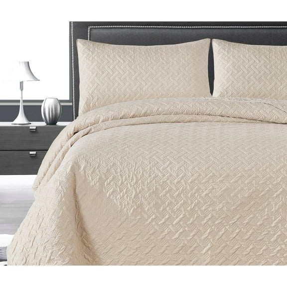 MallenHome Quilt Set Beige Color Full/Queen Size (90"x90") - Basketweave Pattern Bedspread - Soft Microfiber Fabric Coverlet for All Season - 3 Piece (Includes 1 quilt, 2 shams)