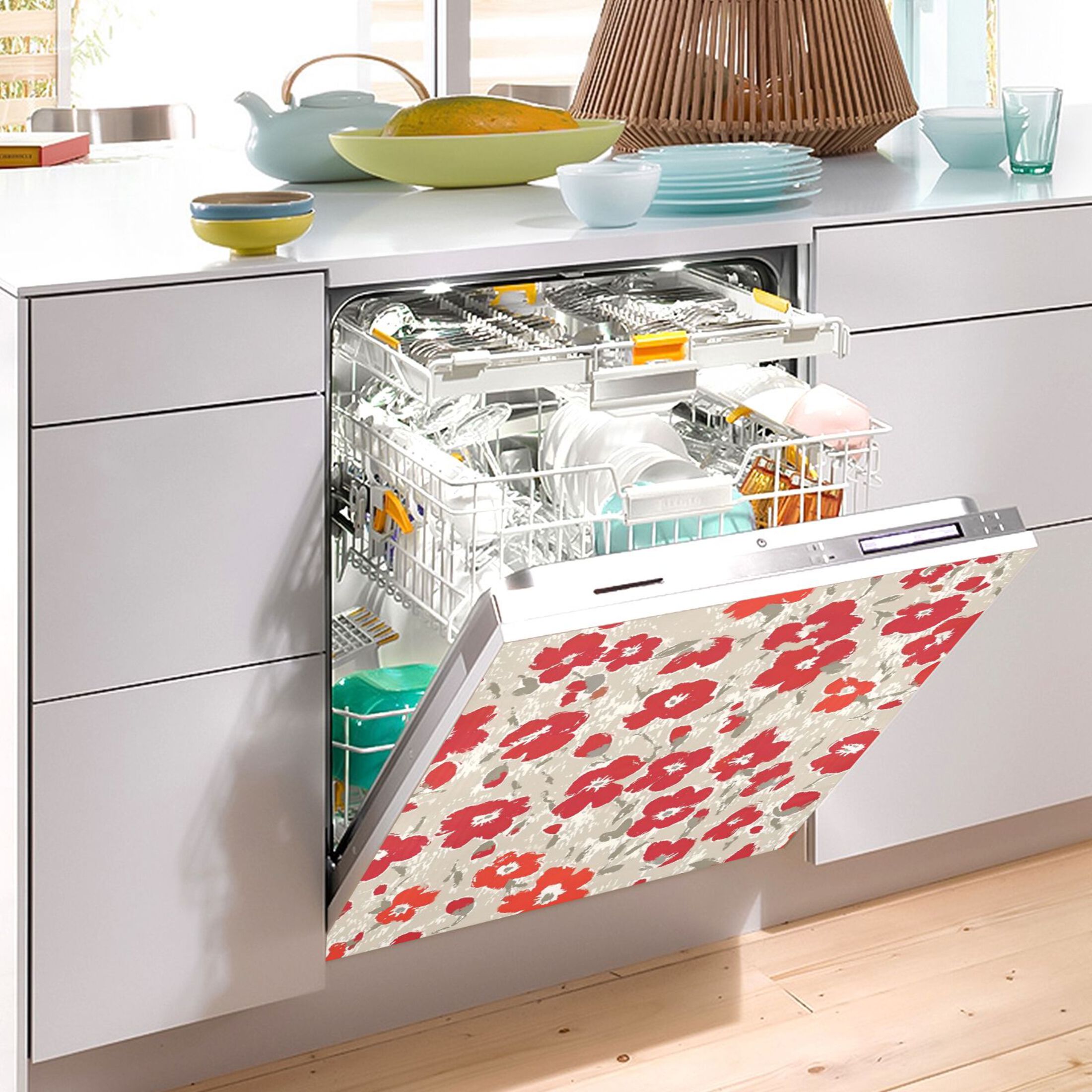 IAUYY Magnetic decorative sticker - 23x26 Inch PVC Refrigerator Decorative Cover, Removable DIY Art for Kitchen Appliances Large-scale Red Floral Design