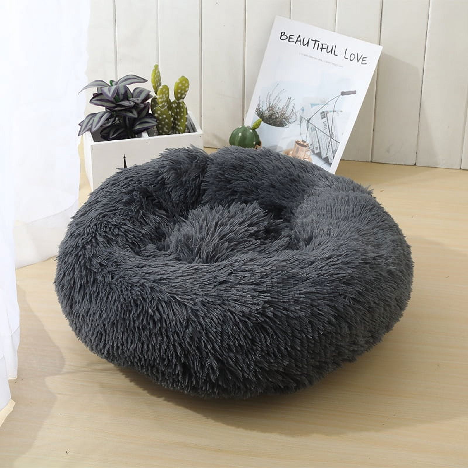 Calming Dog Bed for Medium Dogs - Donut Washable Medium Pet Bed, 30 inches Anti-Slip Round Fluffy Plush Faux Fur Cat Bed, Fits up to 45 lbs Pets