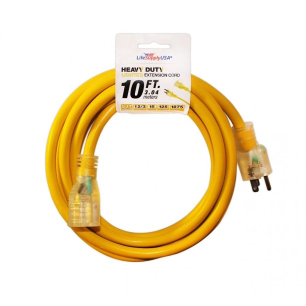 2 Pack 12/3 10ft 300V SJTW Extension Cord LED Lighted End Prong for