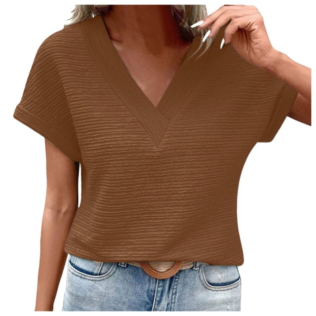 Womens Short Sleeve Textured Tops Summer Casual V Neck Solid Loose Basic T Shirts