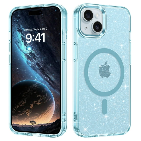 GUAGUA Glitter Translucent Case for iPhone 15 Plus, 6.7" Anti-Scratch Case, Mobile Cover for iPhone 15 Plus [Compatible with Mag-safe] Metal Lens Frame Metal Buttons Tpu PC Hard Blue