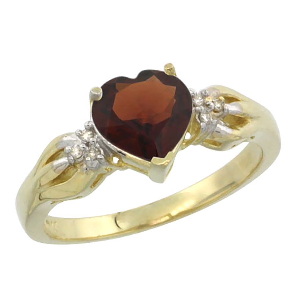 10K Yellow Gold Natural Garnet Ring Heart-shape 7x7mm Diamond Accent, sizes 5-10 by WorldJewels