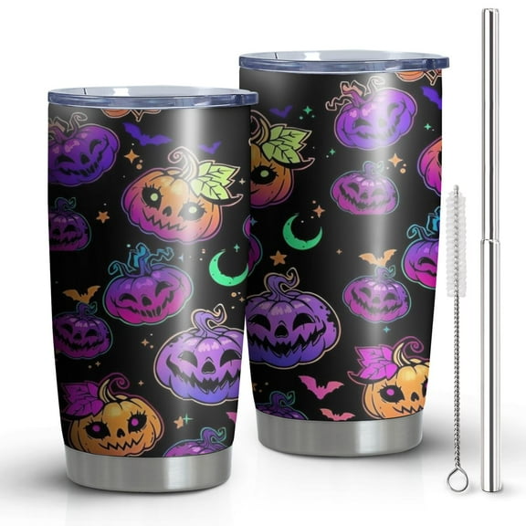 20oz Tumblers Neon Halloween Pumpkin Pattern Stainless Steel Vacuum Insulated Double Wall Travel Tumbler Cups Mug with Lid and Straw,Cleaning Brush for Cold & Hot Drinks