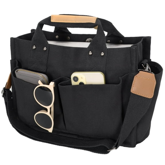 Minsong Canvas Tote Bag for Women With Pockets, Laptop Work Crossbody Purses Everything Shoulder Tote Bag Everyday Satchel Handbags Zipper Closure Black