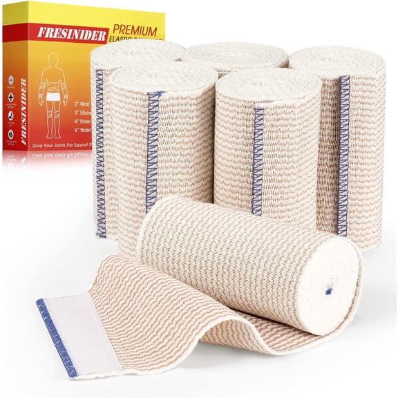 FRESINIDER 4" Elastic Bandage Wrap, 6 Pack, Latex-Free Cotton Compression with Hook-and-Loop Closure for Sports & Medical Use