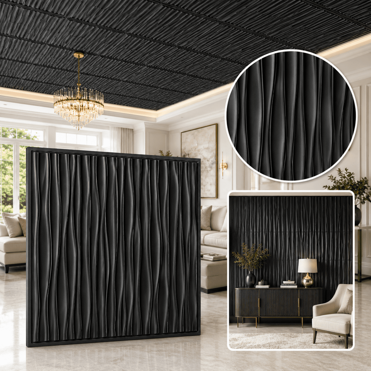 Yeslife 2 x 2 ft Drop Ceiling Tiles, 12 Pack, Black PVC 3D Wall Panels, Covers 48 Sq Ft