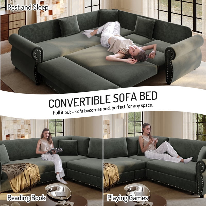 88.2" Sectional Sleeper Sofa with Pull Out Bed, Convertible Sleeper Couch with Nailhead Trim, 5-Seat Sectional Sofa Chenille Couch for Living Room Apartment