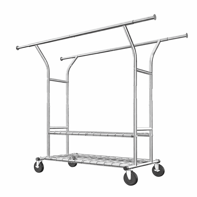 Exenoray Heavy Duty 630lbs Double Rod Clothing Rack, Adjustable Clothes Rack on Wheels with 2 Metal Shelves, Industrial Garment Organizer for Bedroom