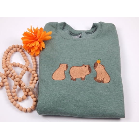 Capybara Embroidered Sweatshirt, Unique Animal Lover Pullover, Zoo Traveler Gift Idea, Cute Cottagecore Apparel, Funny Wildlife Crewneck