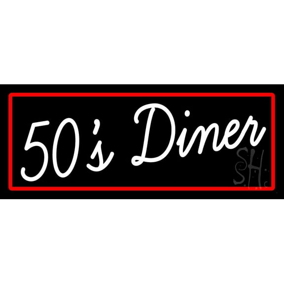 Red Border White Cursive 50s Diner LED Neon Sign 10 x 24 - inches, Black Square Cut Acrylic Backing, with Dimmer - Bright and Premium built indoor LED Neon Sign for café, club, party and storefront.