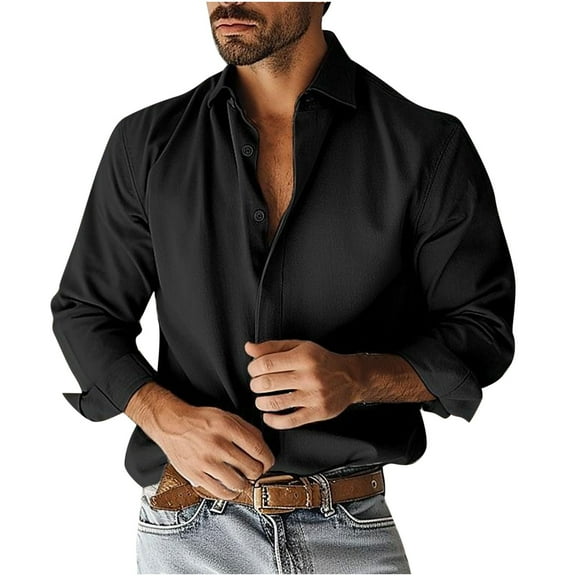 VSSSJ Men's Dress Shirts Long Sleeve Wrinkle-Free Formal Shirt Relaxed Fit Casual Button Down Lapel Business Shirts Black L